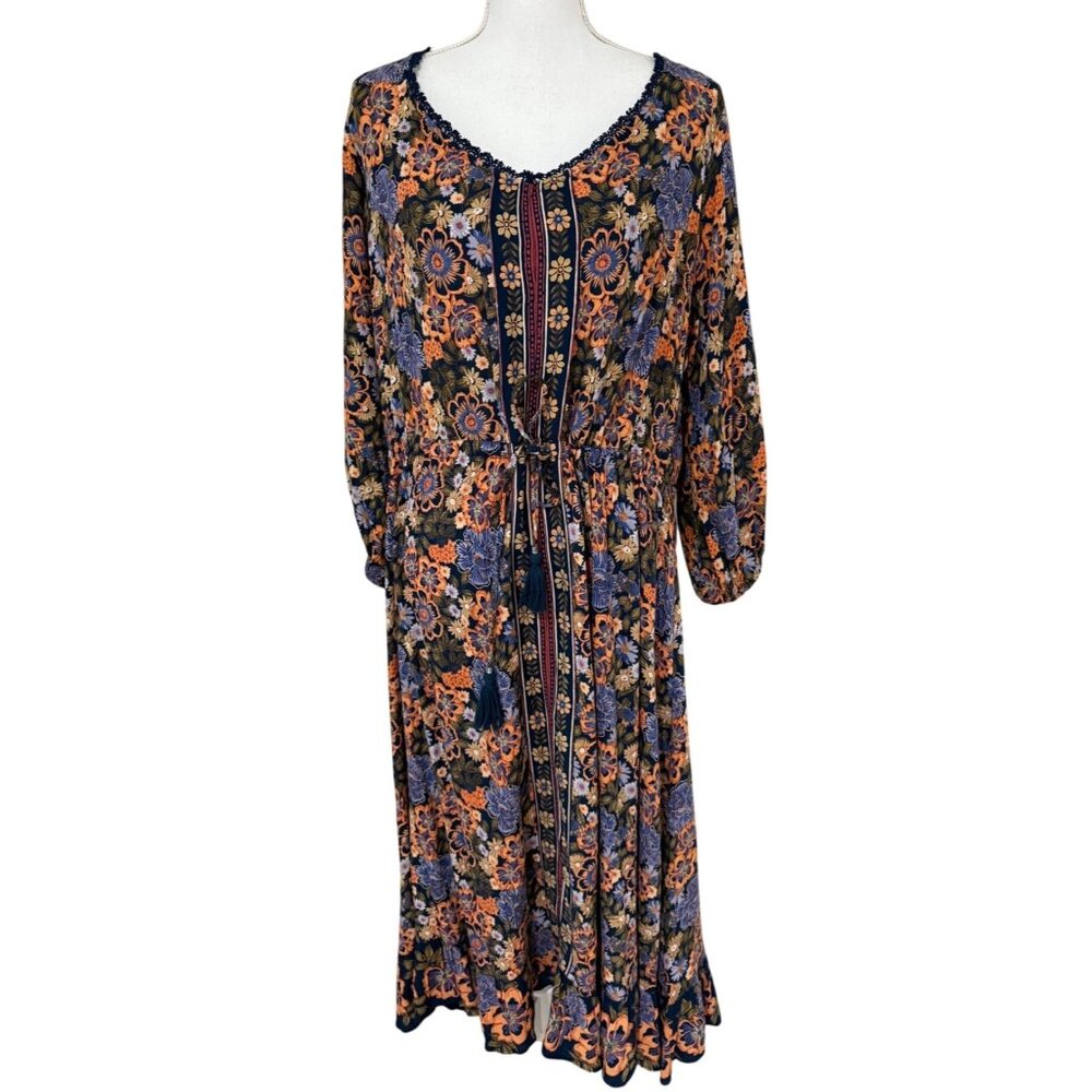 Nostalgia Dress Size Large Long Prairie Tie Waist Floral Rayon Festival Boho